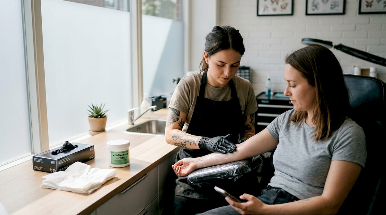 De tatoeëerder brengt verdovende crème aan in de studio.
