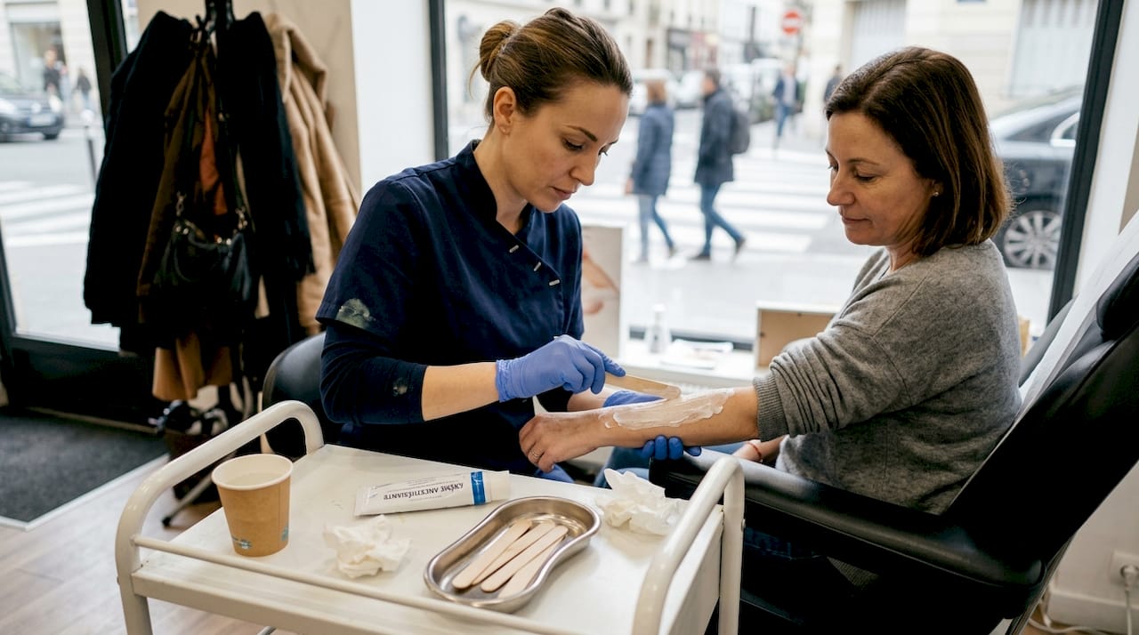 Une esthéticienne prend soin de la peau d’une cliente en appliquant une crème nourrissante sur son avant-bras.