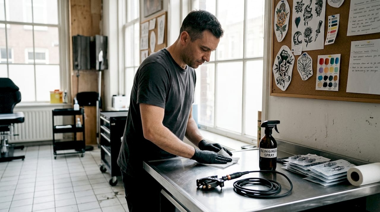 Een tatoeëerder maakt zorgvuldig zijn werkplek schoon in de studio.