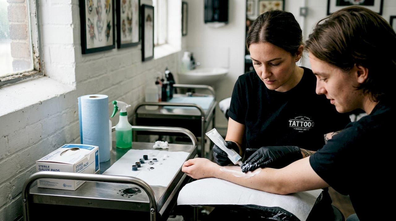 Una tatuadora preparando la piel del brazo con crema anestésica antes de comenzar el tatuaje.