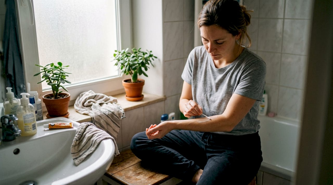 Una mujer se está poniendo crema TKTX en el antebrazo.