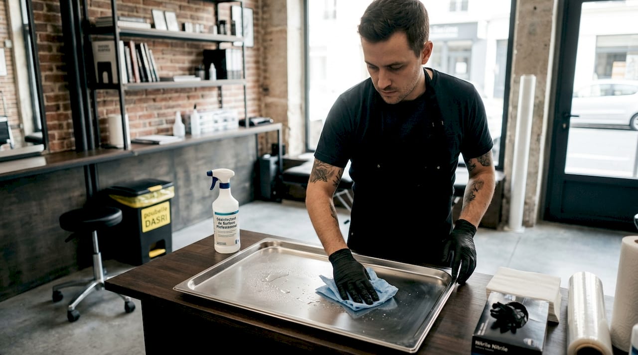 Avant chaque séance, le tatoueur prend soin de désinfecter et préparer son espace de travail pour garantir une hygiène irréprochable.