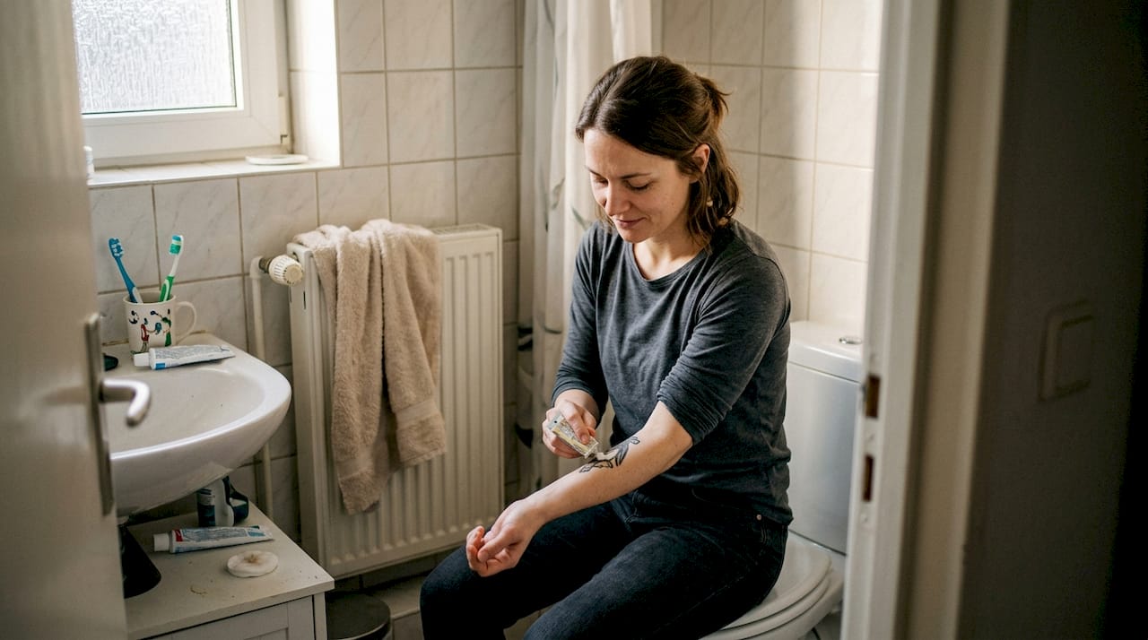 Eine Frau pflegt ihr frisch gestochenes Tattoo im Bad mit einer speziellen Creme.