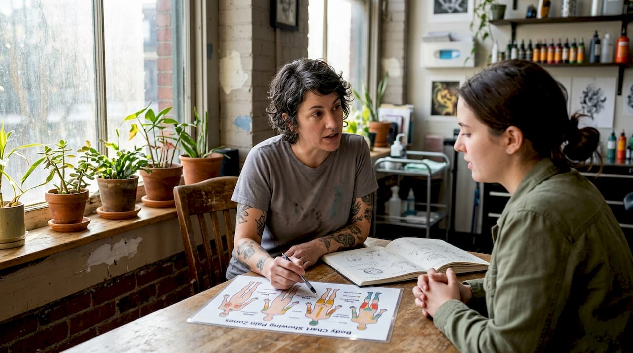 Tattoo artist discusses pain zones during consultation