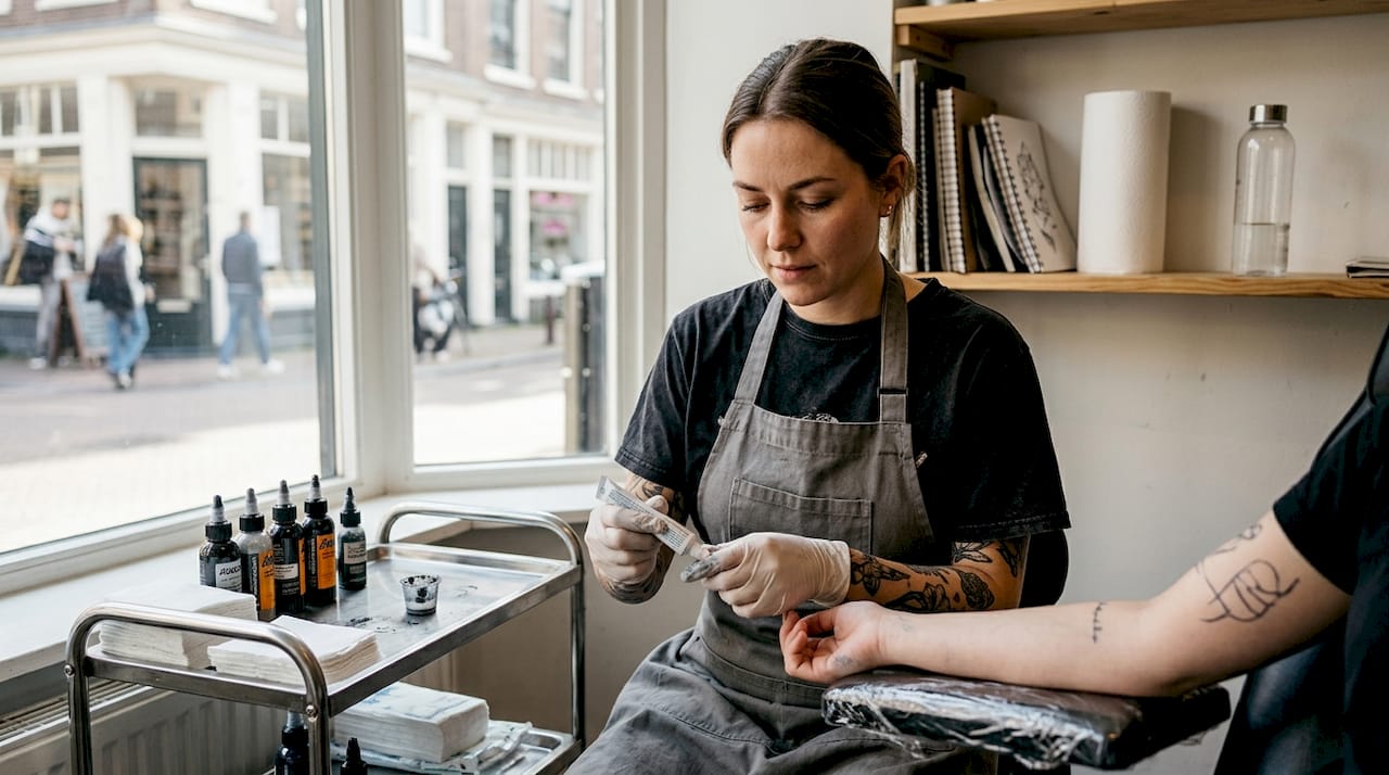 Een tatoeëerder brengt verdovende crème aan op de huid in de studio.