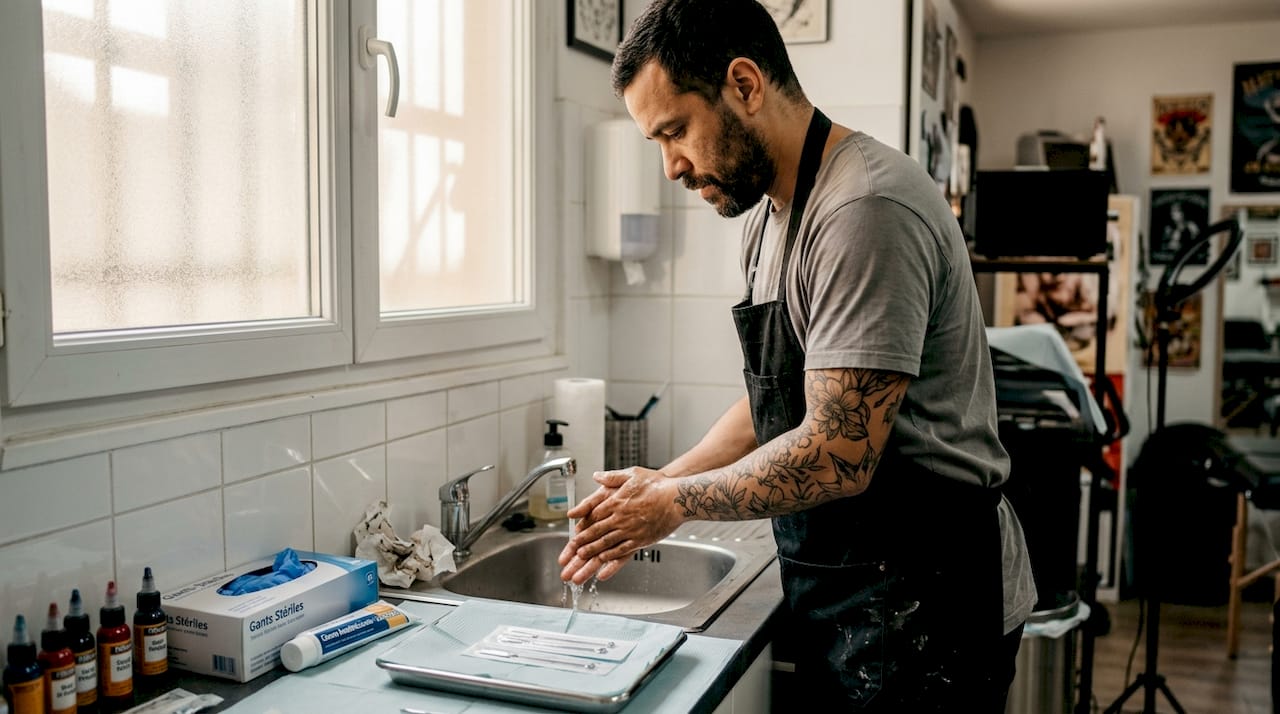 Dans son atelier immaculé, le tatoueur s’applique à préparer son matériel avec soin avant d’accueillir son prochain client.