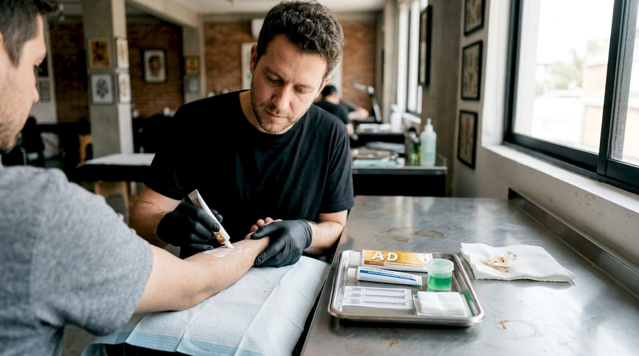 Tatuador aplicando crema anestésica antes de empezar el diseño