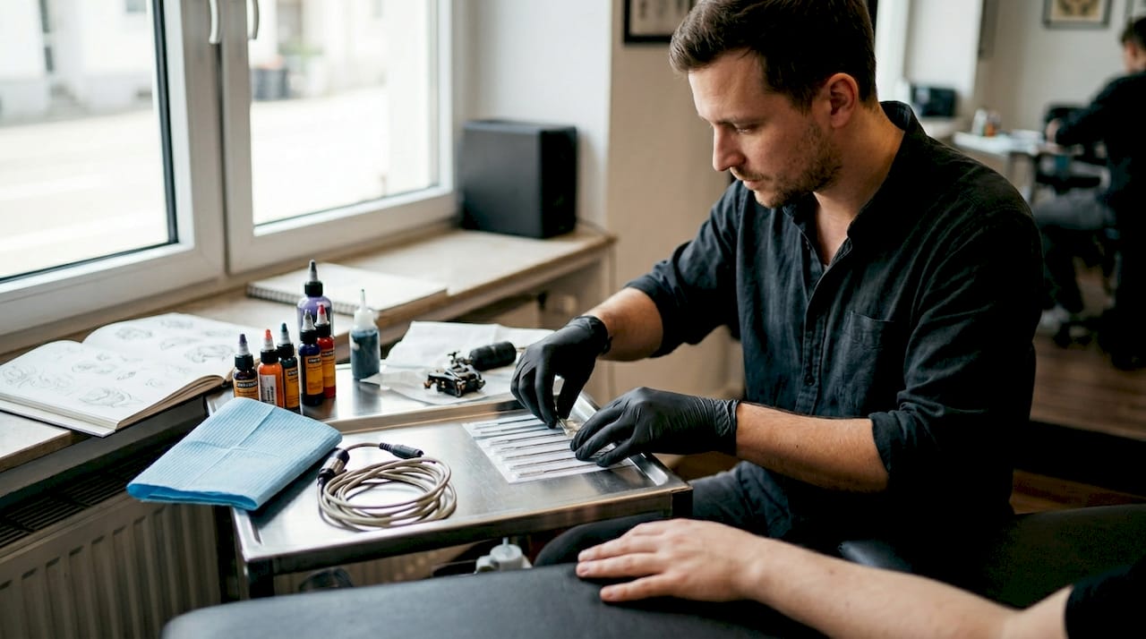 Ein Tätowierer richtet seinen Arbeitsplatz im Studio sorgfältig für die nächste Session her.