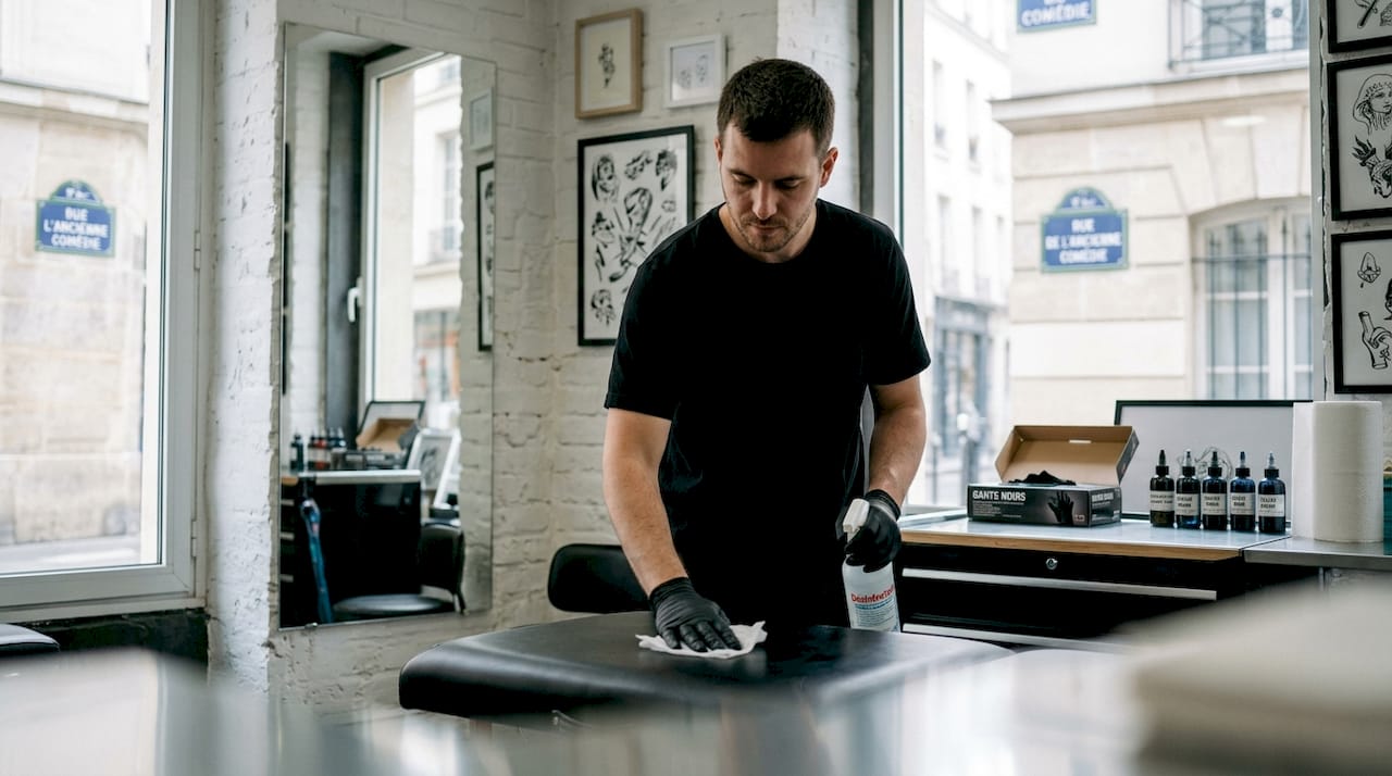 Un tatoueur prend soin de désinfecter sa chaise entre deux clients pour garantir une hygiène irréprochable dans son atelier.