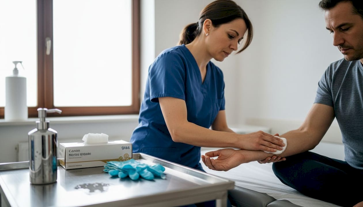 La enfermera desinfecta el antebrazo del paciente antes de administrarle la anestesia.