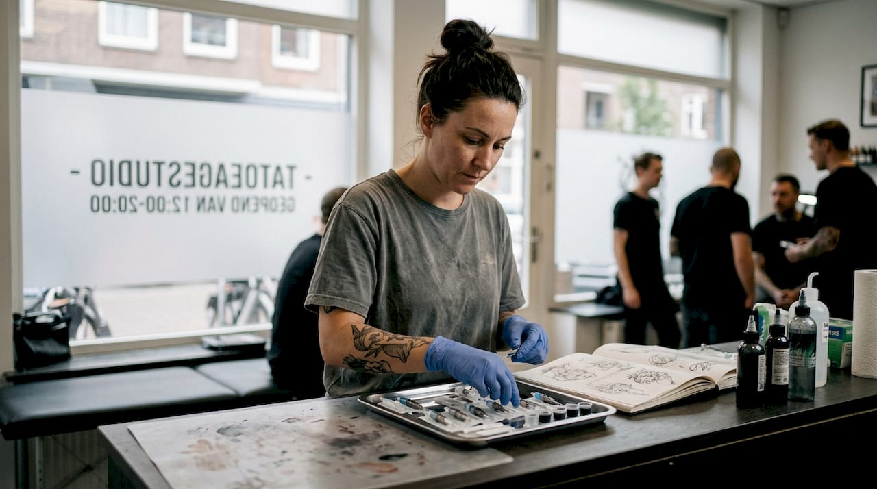 Een tatoeëerder maakt zijn werkplek klaar voor de volgende sessie.
