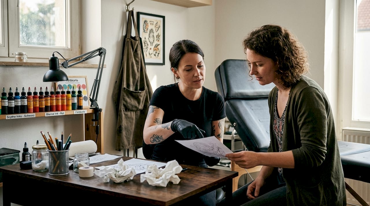 Tätowierer und Kunde besprechen gemeinsam den Entwurf im Studio.