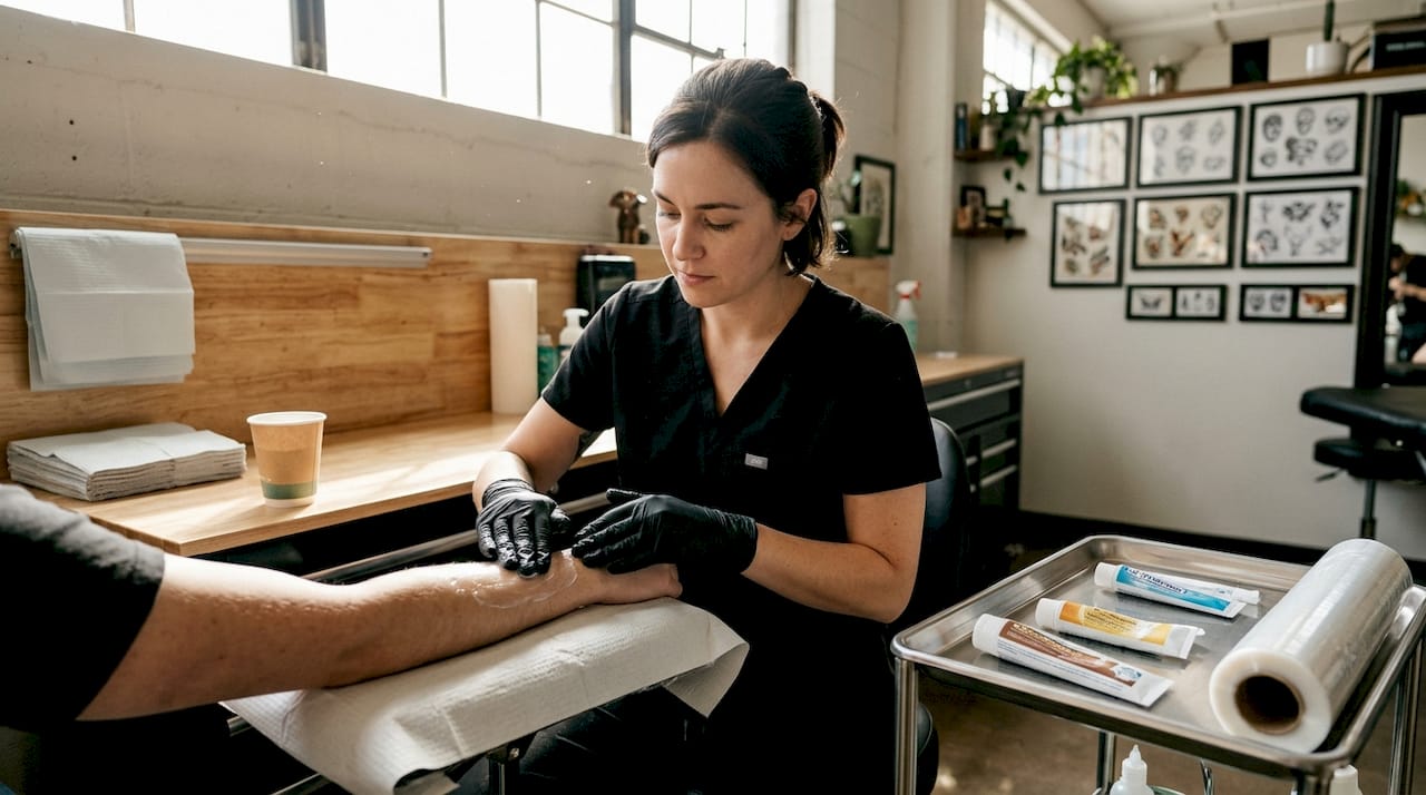 Tatér nanáší znecitlivující krém na ruku před začátkem tetování.