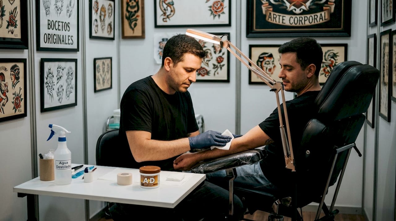 El tatuador alista la piel del cliente antes de comenzar el diseño en el estudio.