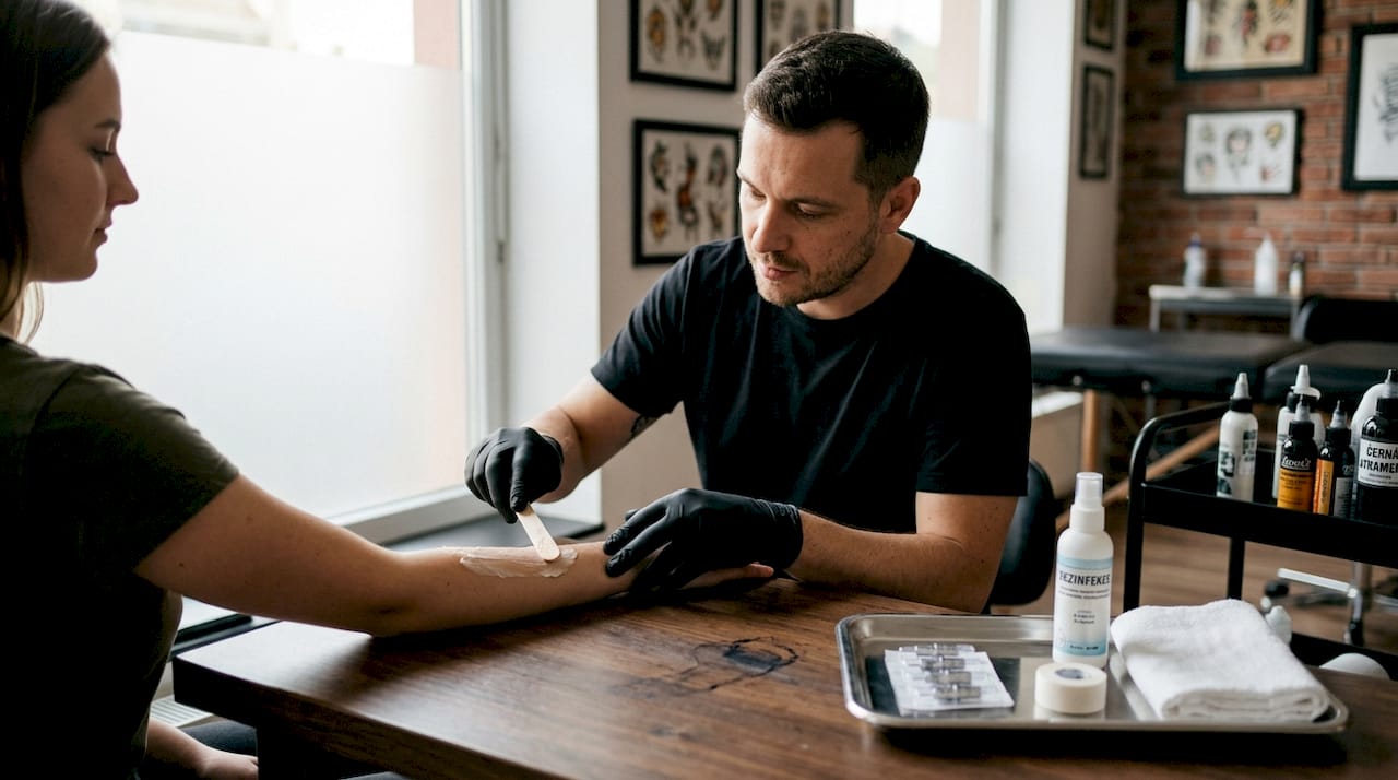 Tatér nanáší na paži znecitlivující krém, aby připravil kůži na tetování.