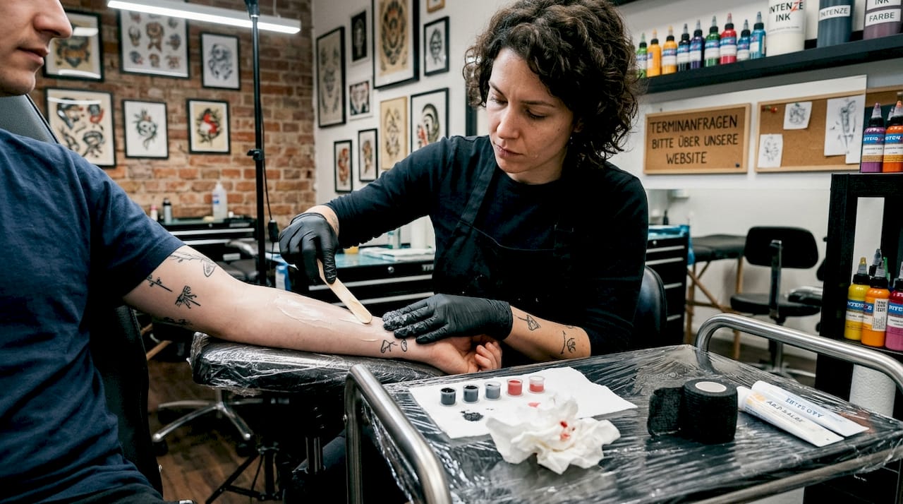 Im Studio trägt der Tätowierer eine betäubende Creme auf, damit das Stechen angenehmer wird.