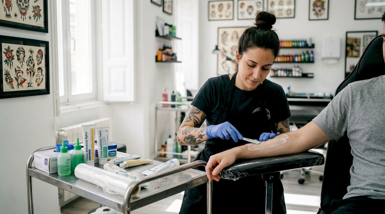 Artista del tatuaje aplicando crema anestésica antes de comenzar la sesión