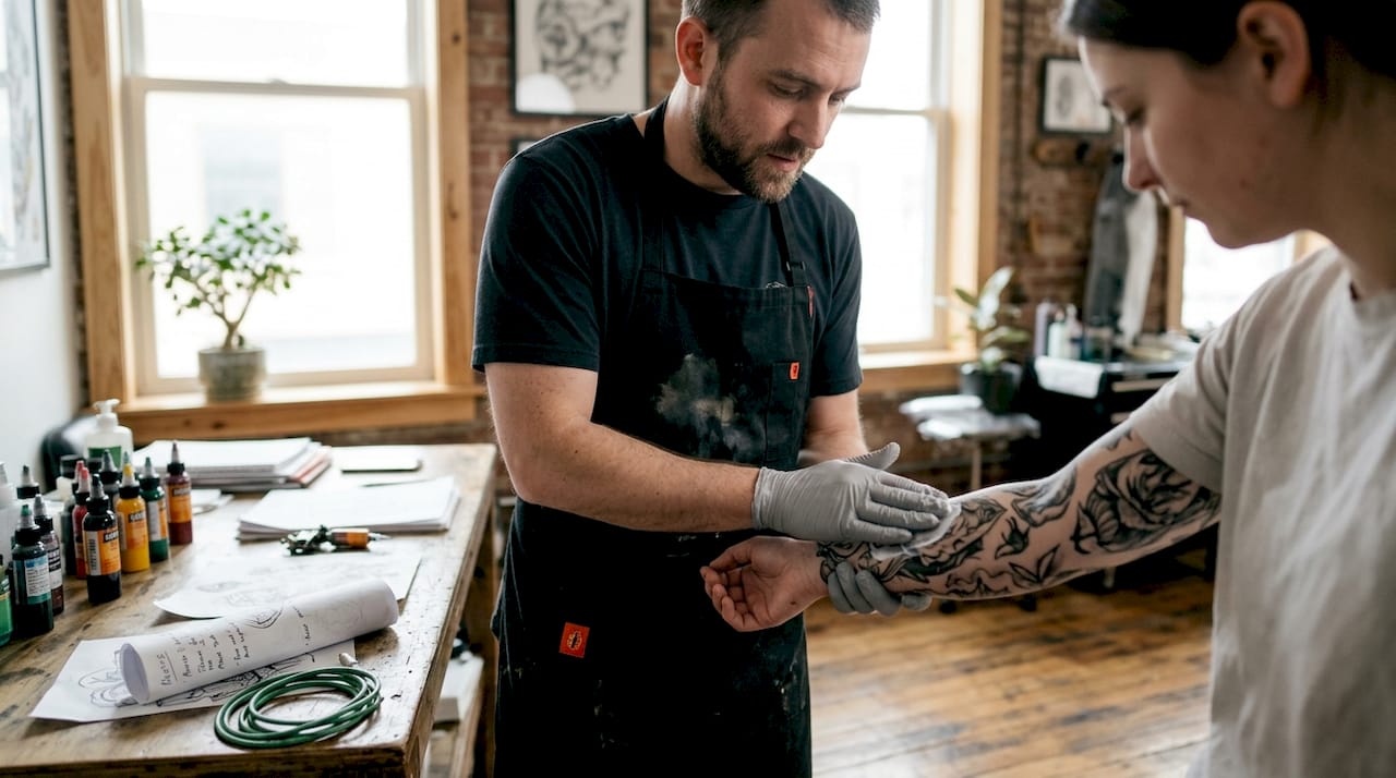 Tattoo artist applies aftercare cream in studio