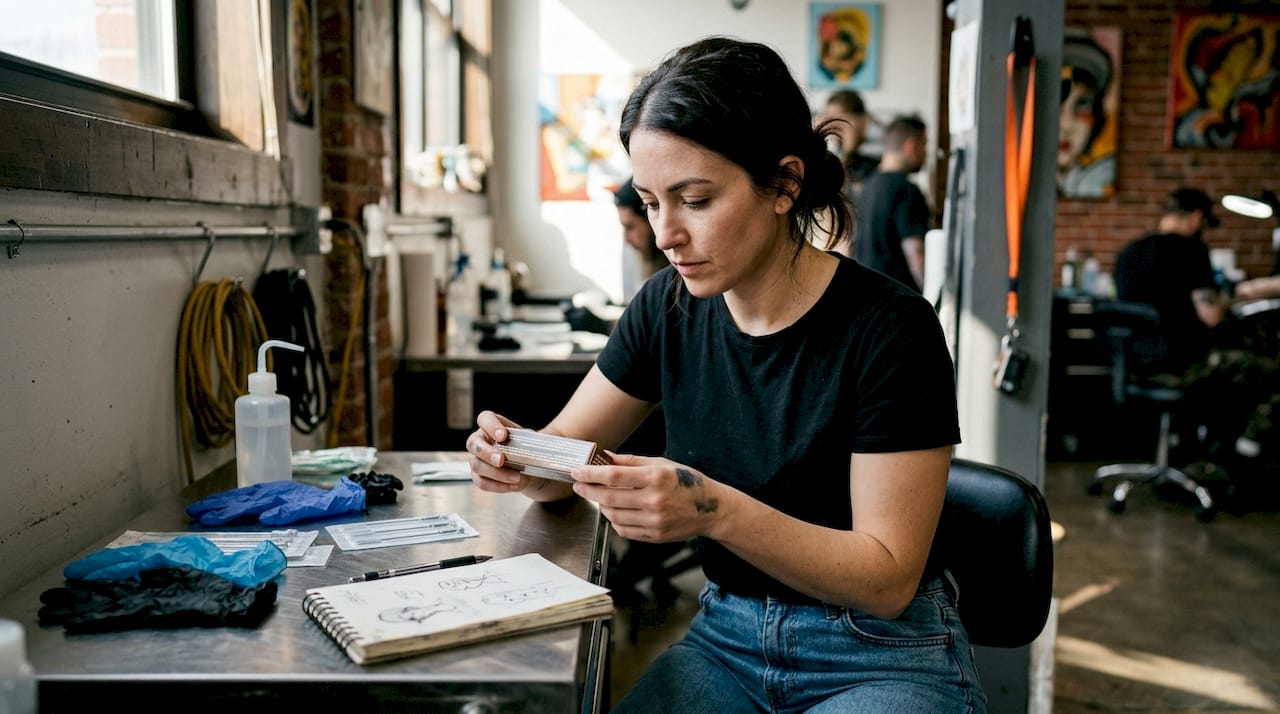 Tattoo artist examining numbing cream box