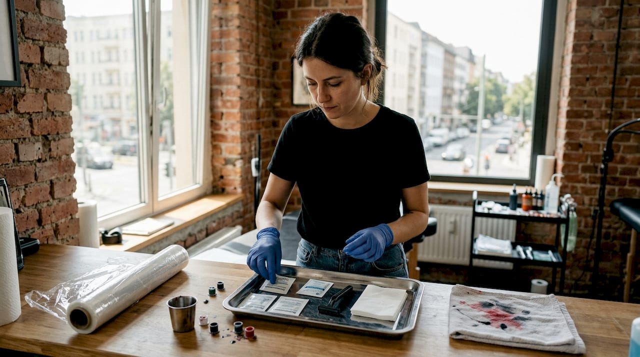 Der Tätowierer bereitet das Tablett mit der Betäubungscreme für die nächste Sitzung vor.