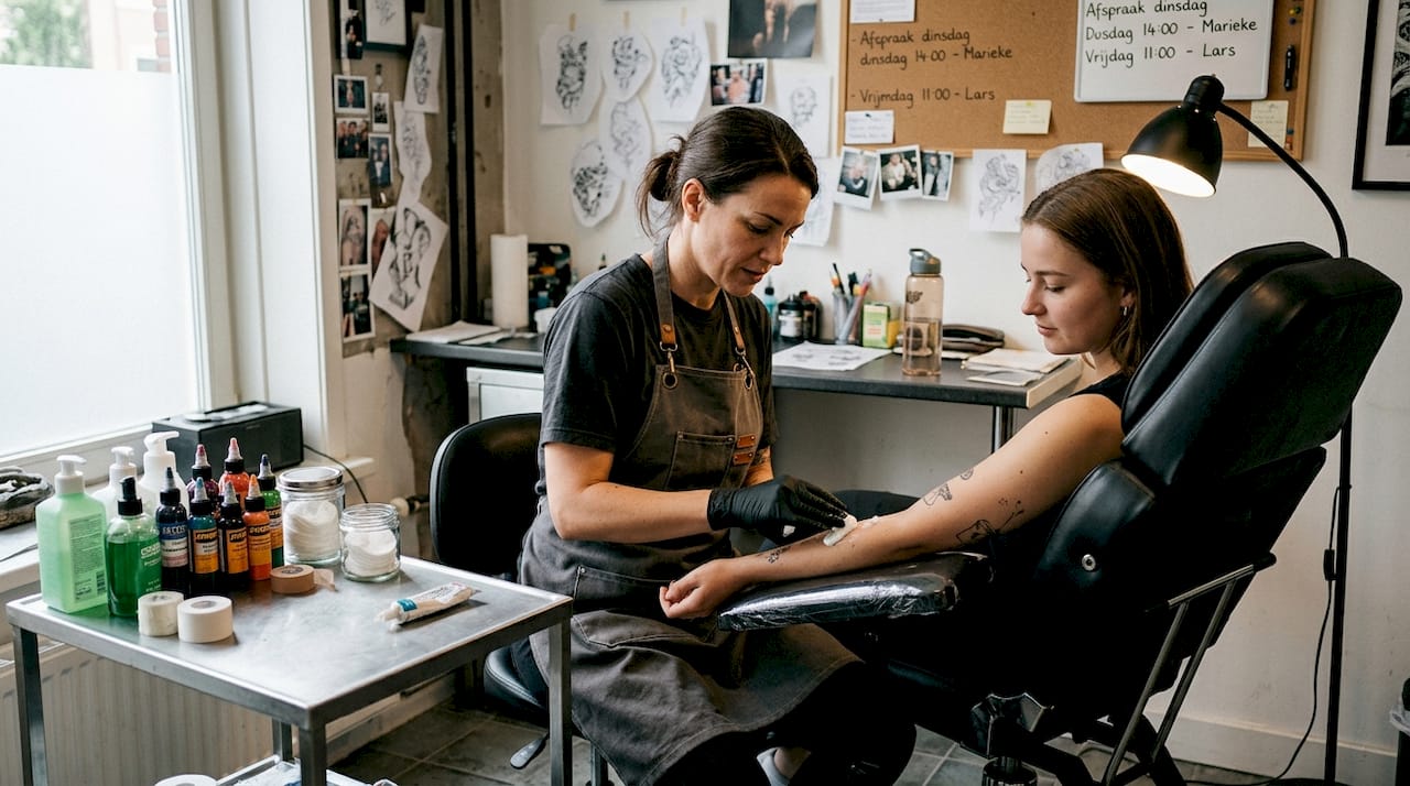 De tatoeëerder smeert verdovende crème op de onderarm.