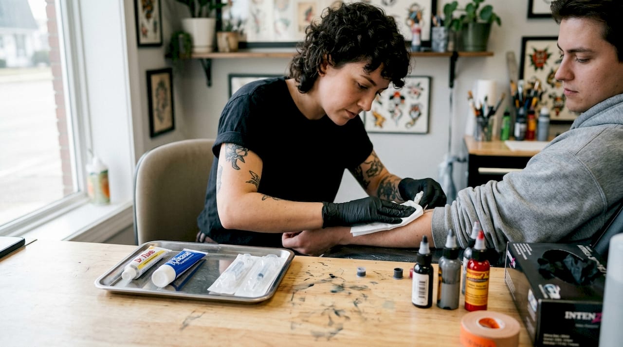 Tattoo artist prepping arm with numbing options