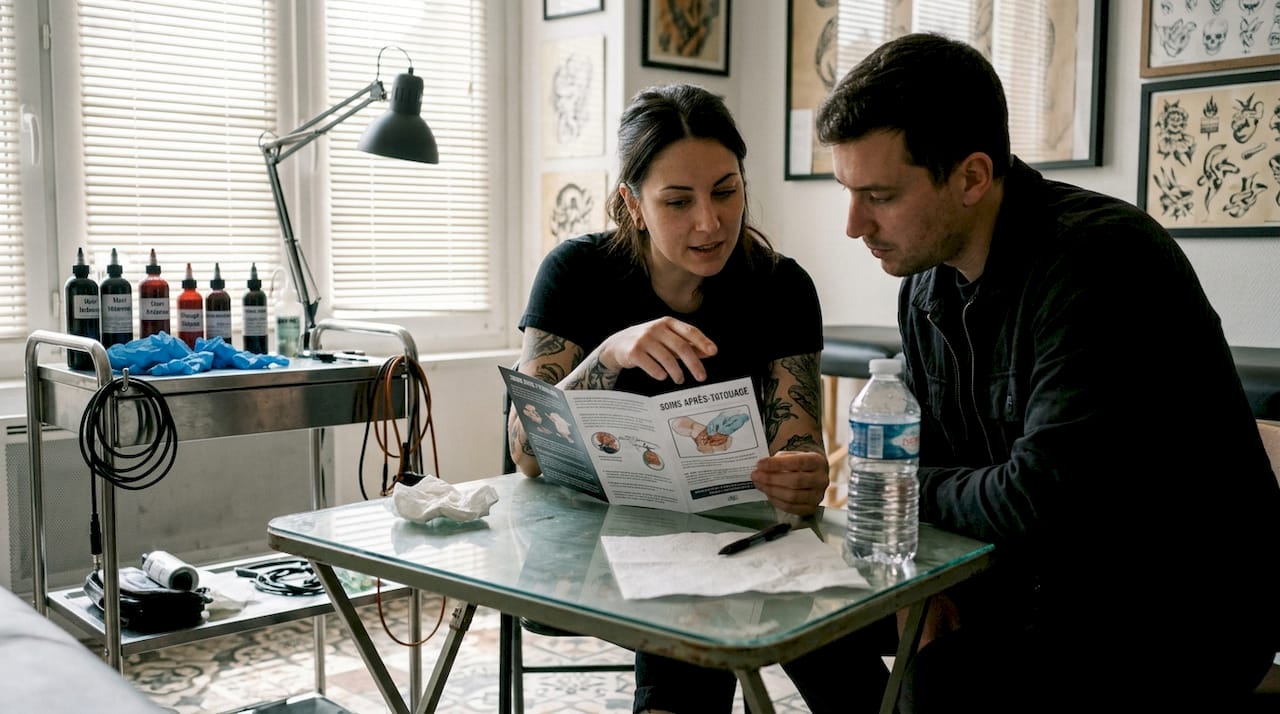 Le tatoueur prend le temps d’expliquer à son client comment bien entretenir son nouveau tatouage.