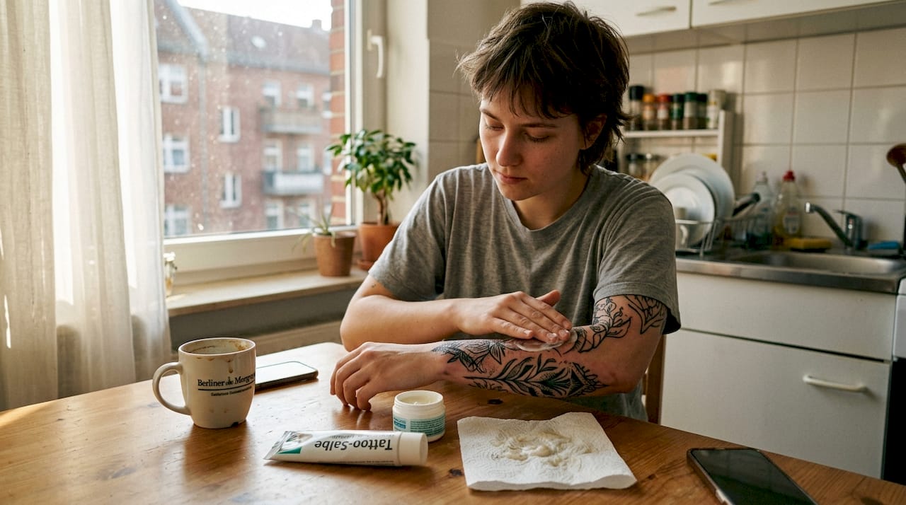 Eine tätowierte Person trägt sorgfältig eine spezielle Pflegecreme auf ihr frisches Tattoo auf.