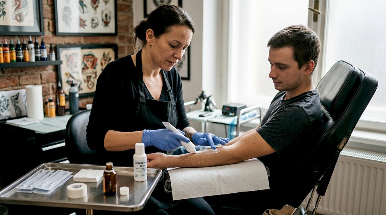 Tatér nanáší na ruku znecitlivující krém, aby zmírnil bolest při tetování.