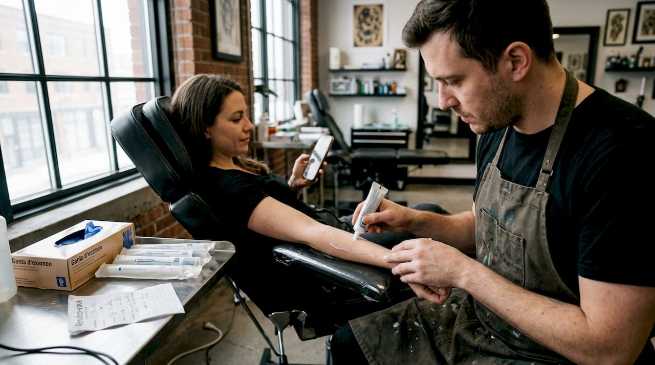 Dans son salon, le tatoueur applique une crème anesthésiante pour préparer la peau avant de commencer le tatouage.