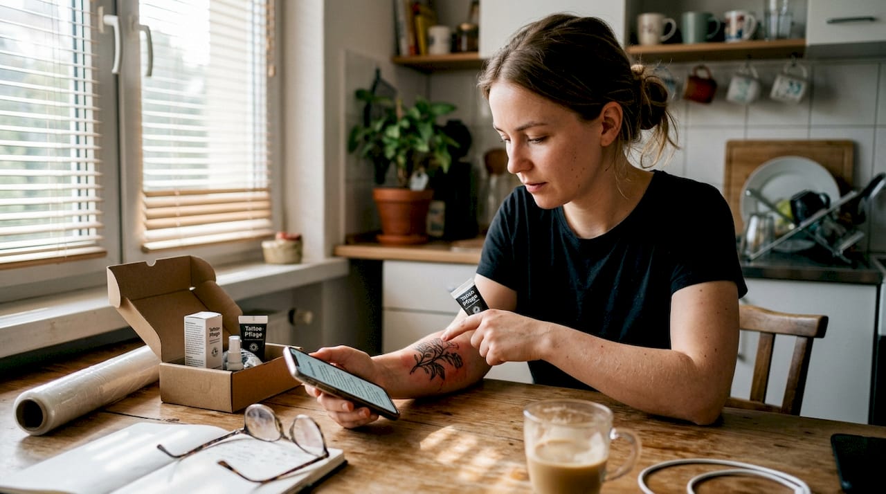 Eine Frau trägt in ihrem Zuhause Tattoo-Creme auf.