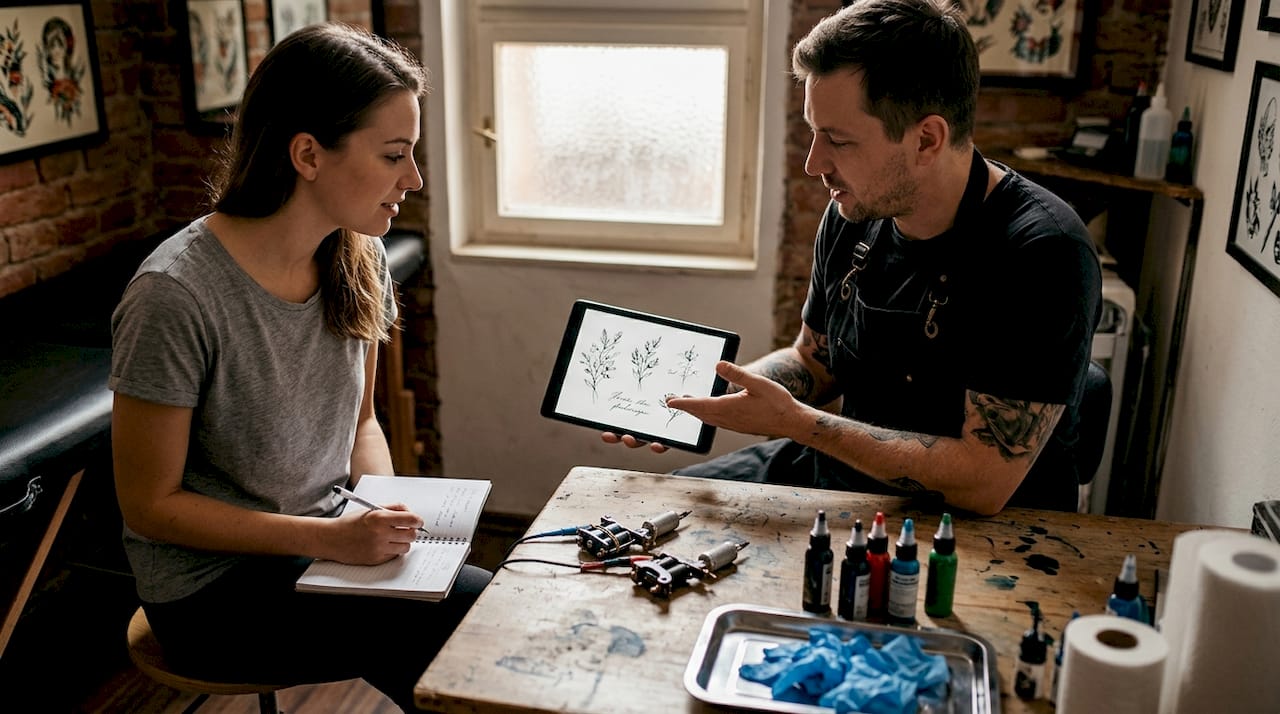 Zákazník si v tetovacím studiu povídá s tatérem o návrhu tetování.