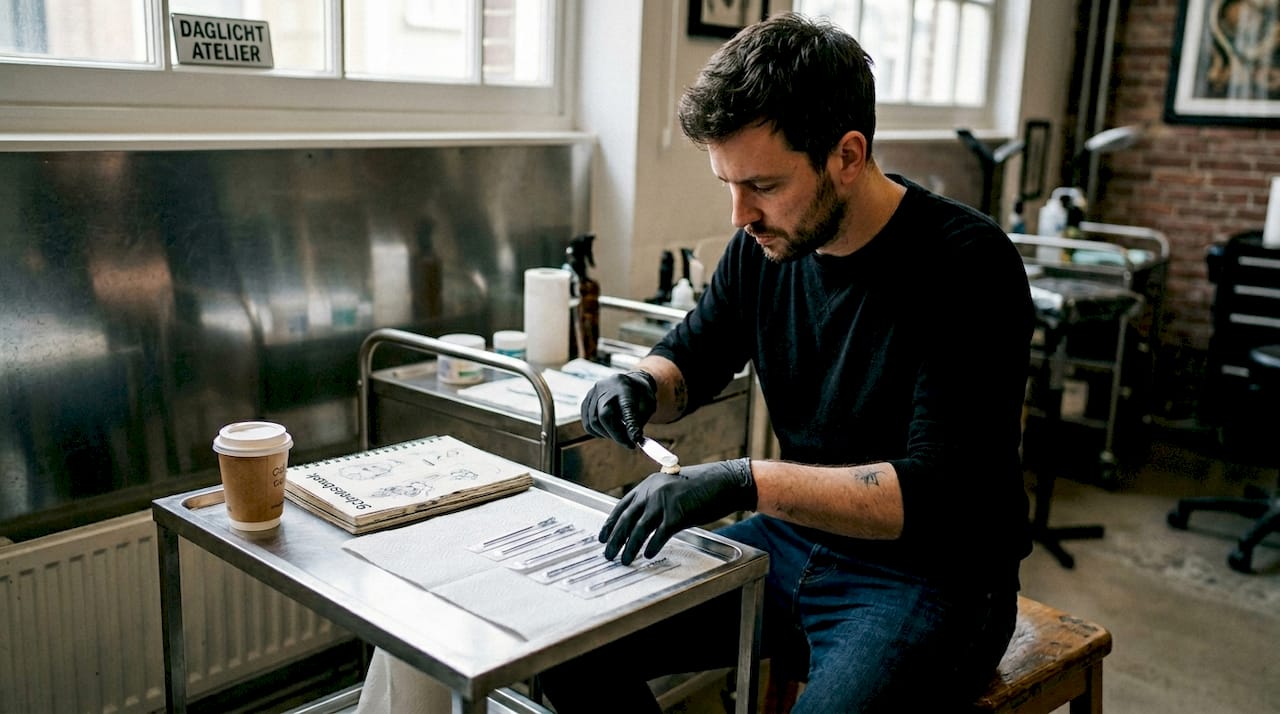 Een tatoeëerder brengt in de studio verdovende crème aan ter voorbereiding op een nieuwe tattoo.