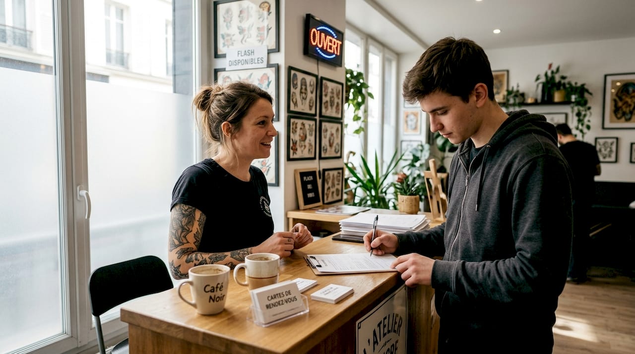 Le tatoueur accueille chaleureusement son client dès son arrivée au salon.