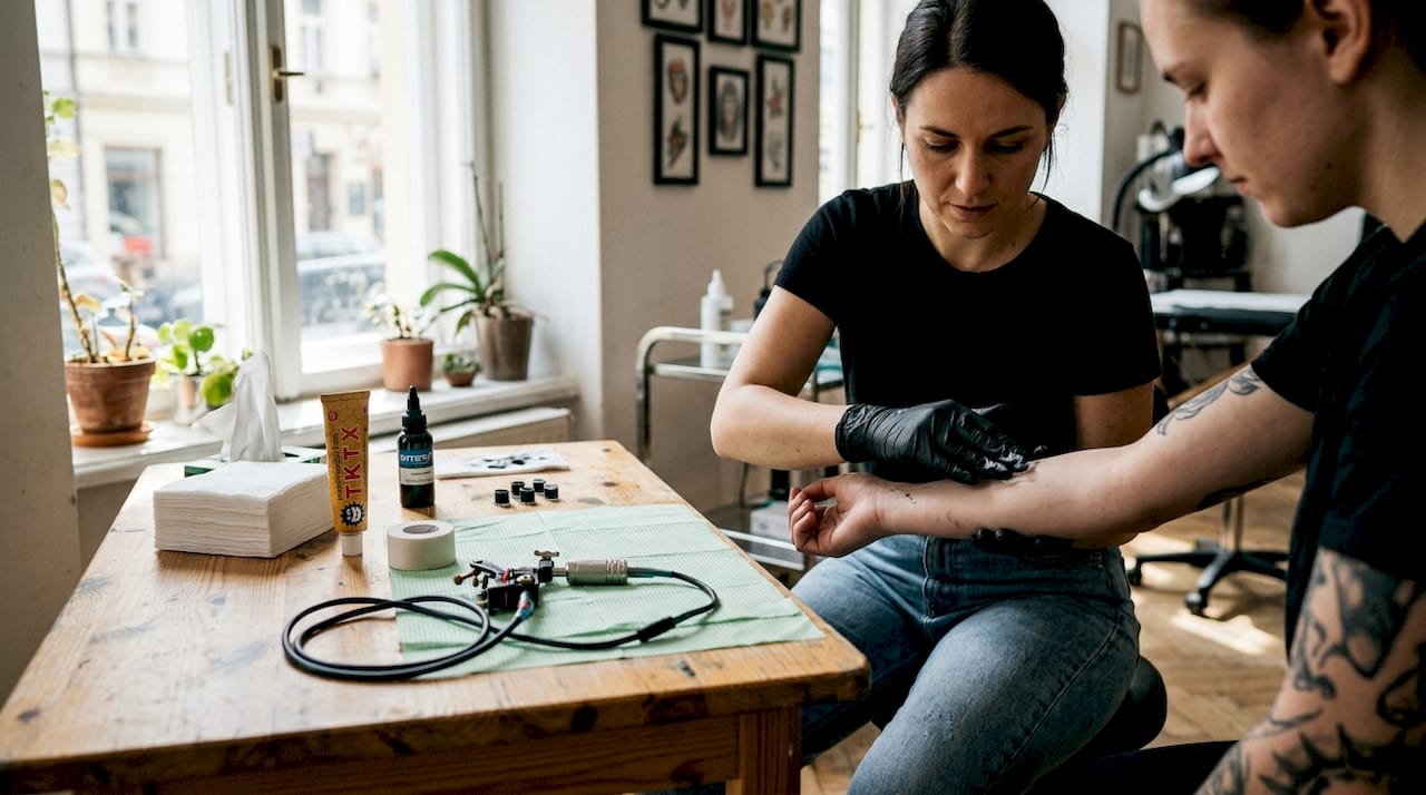 Tatér v salonu nanáší znecitlivující krém před začátkem tetování.
