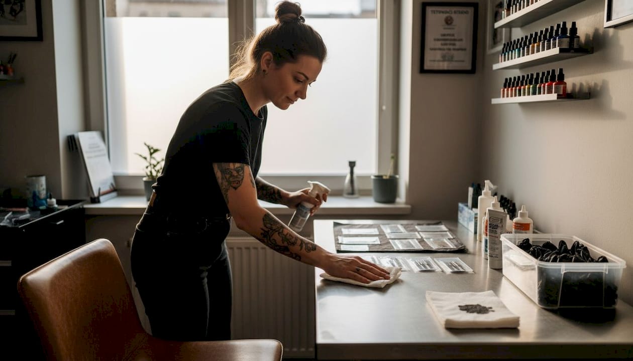 Tatér si právě dává do pořádku svoje pracovní místo ve studiu.