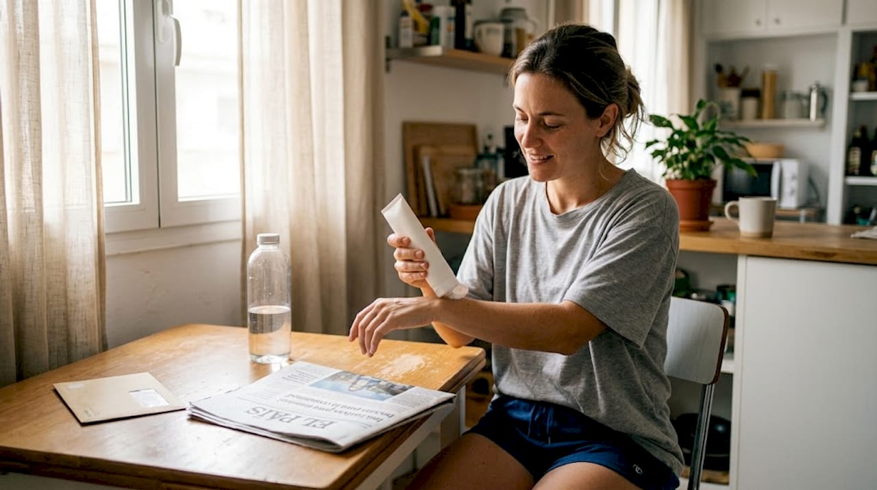 Una mujer se aplica crema hidratante en el brazo mientras está sentada en la mesa de la cocina.