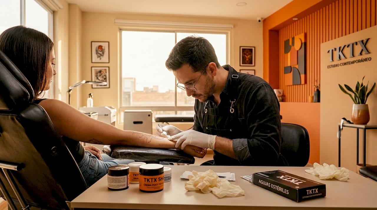 El tatuador revisa cuidadosamente la piel antes de comenzar el tatuaje.