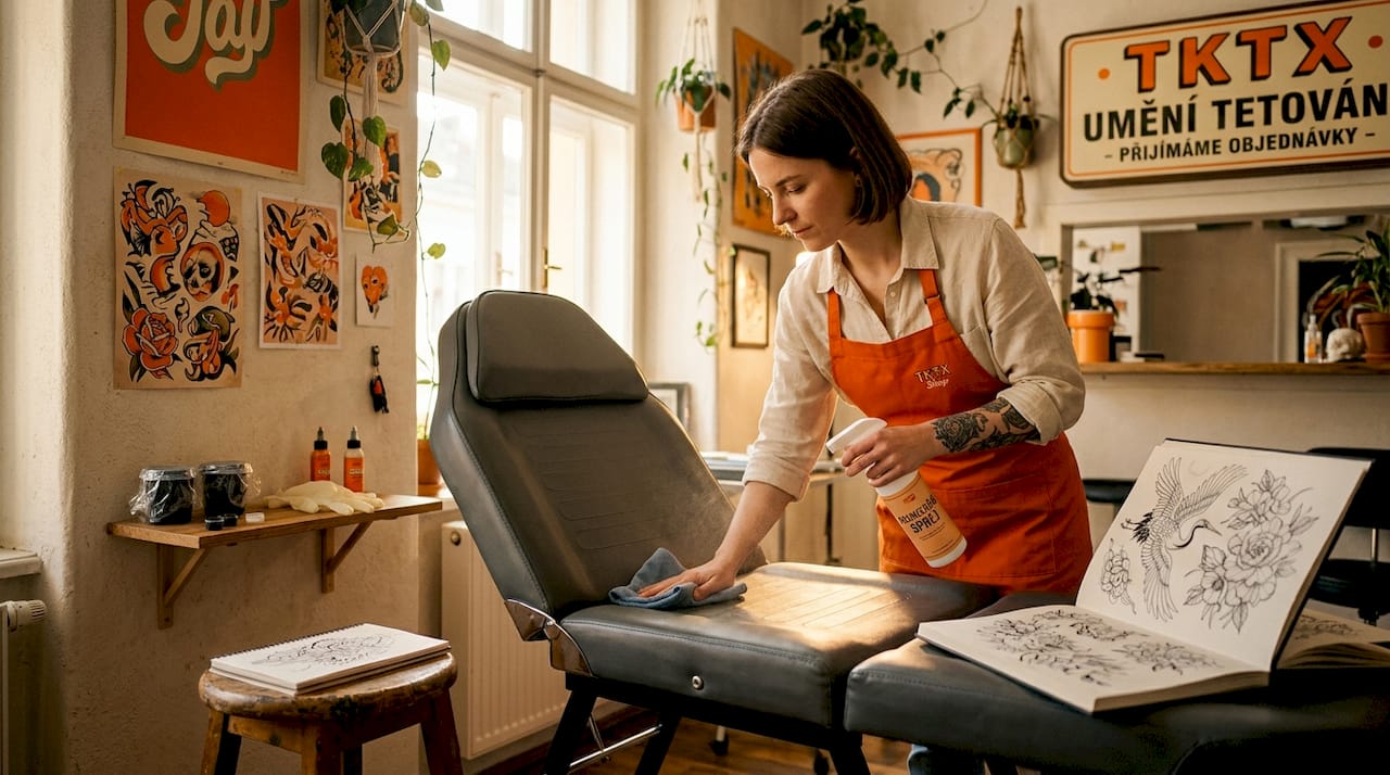 Tatér pečlivě dezinfikuje svoje pracoviště i všechny nástroje, které používá.