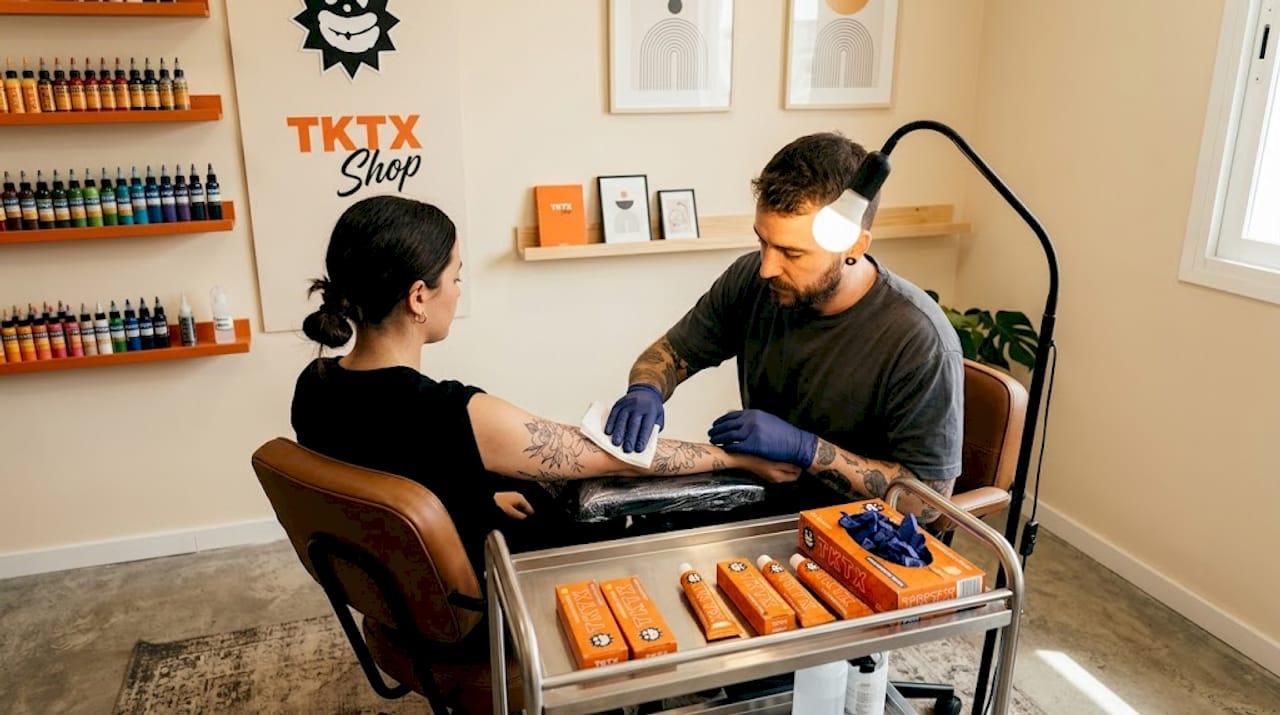 El tatuador prepara la zona aplicando crema anestésica antes de comenzar el diseño.