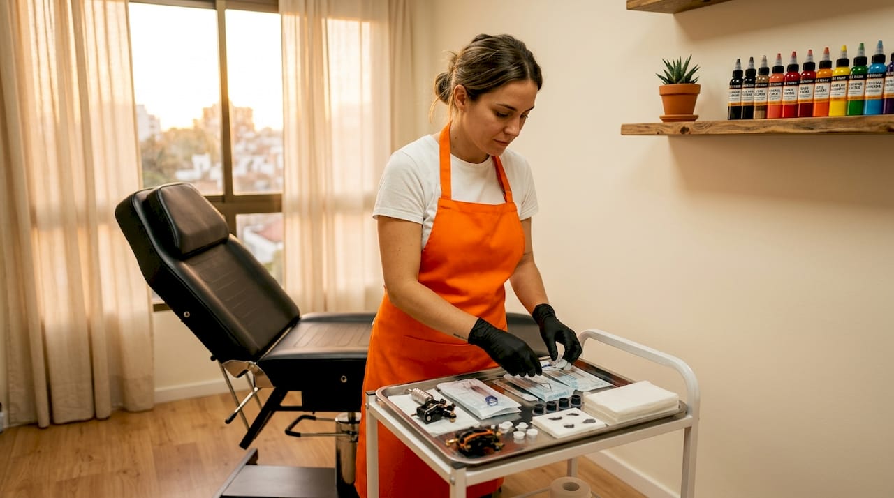 Tatuador acomodando y preparando su espacio de trabajo en el estudio