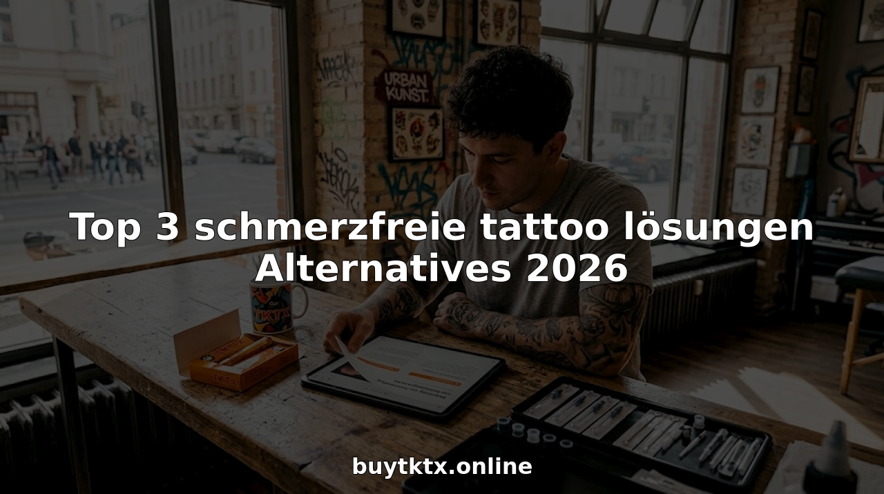 Ein Tätowierer sitzt an seinem Studiotisch und nimmt verschiedene Betäubungscremes unter die Lupe.