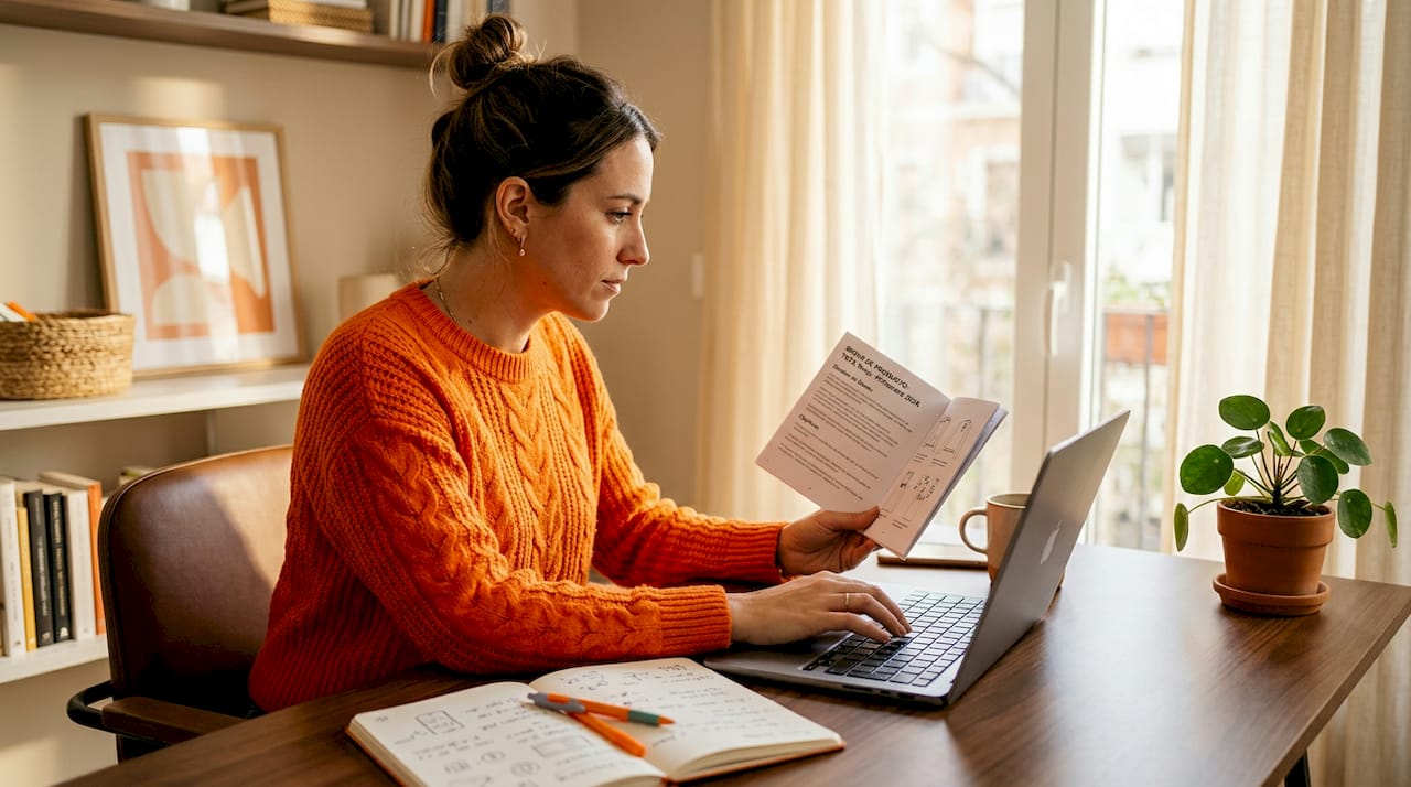 Mujer revisando la ficha de un producto en su escritorio