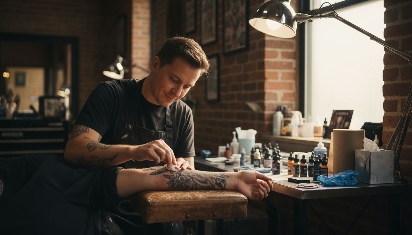 Tattoo artist applies cream on new tattoo