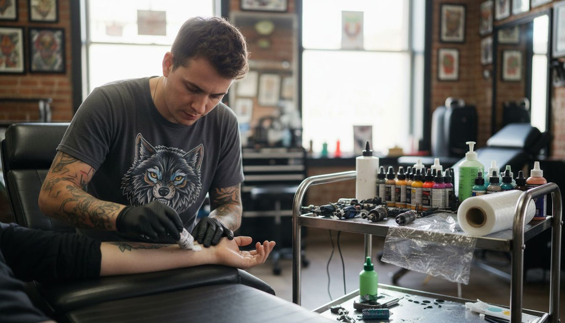 Tattoo artist preparing client's skin with anesthetic cream