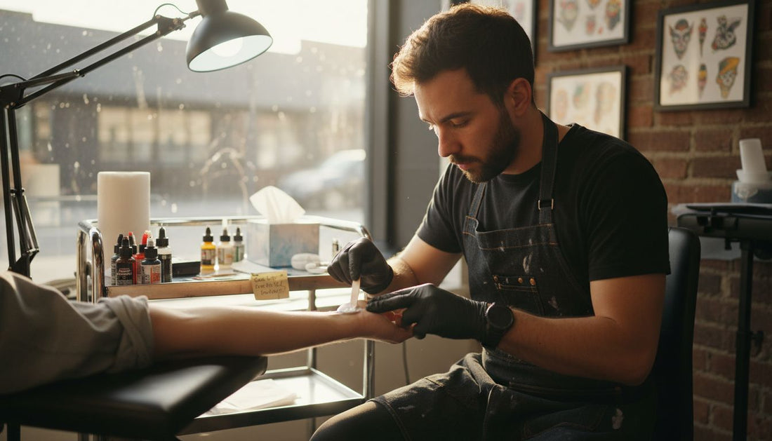 Tattoo artist applying anesthetic cream to arm