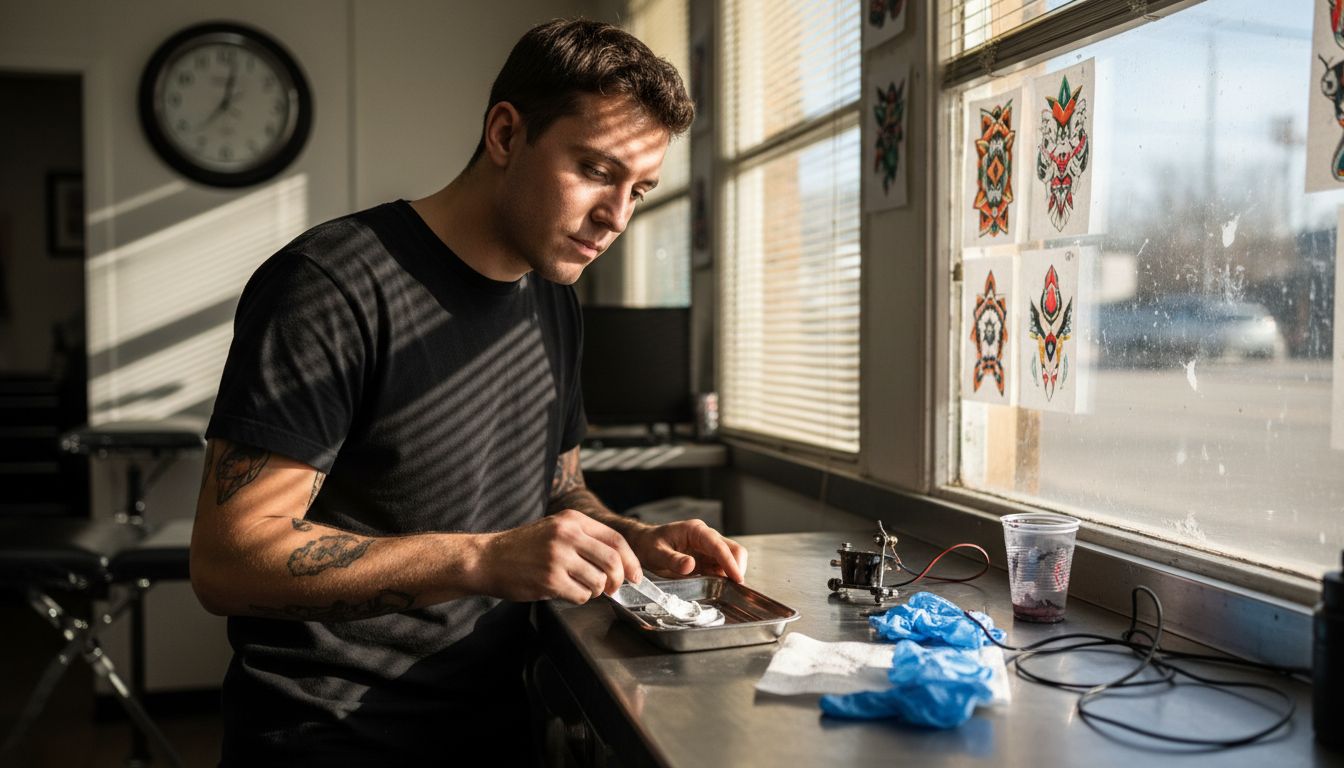 Tattoo artist preparing anesthetic cream workspace
