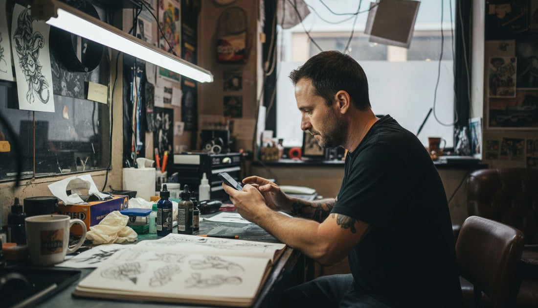 Tattoo artist reading product reviews in studio