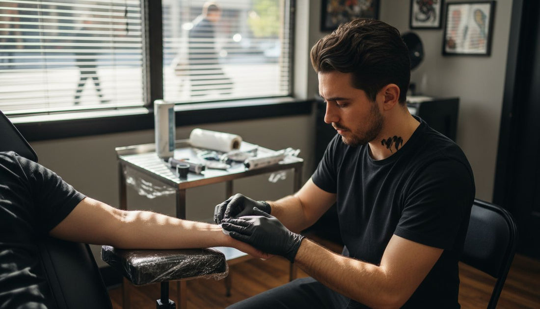 Tattoo artist applies numbing cream in studio