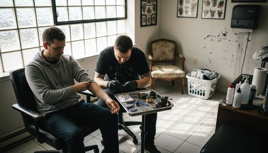 Man preparing for tattoo in sunlit studio